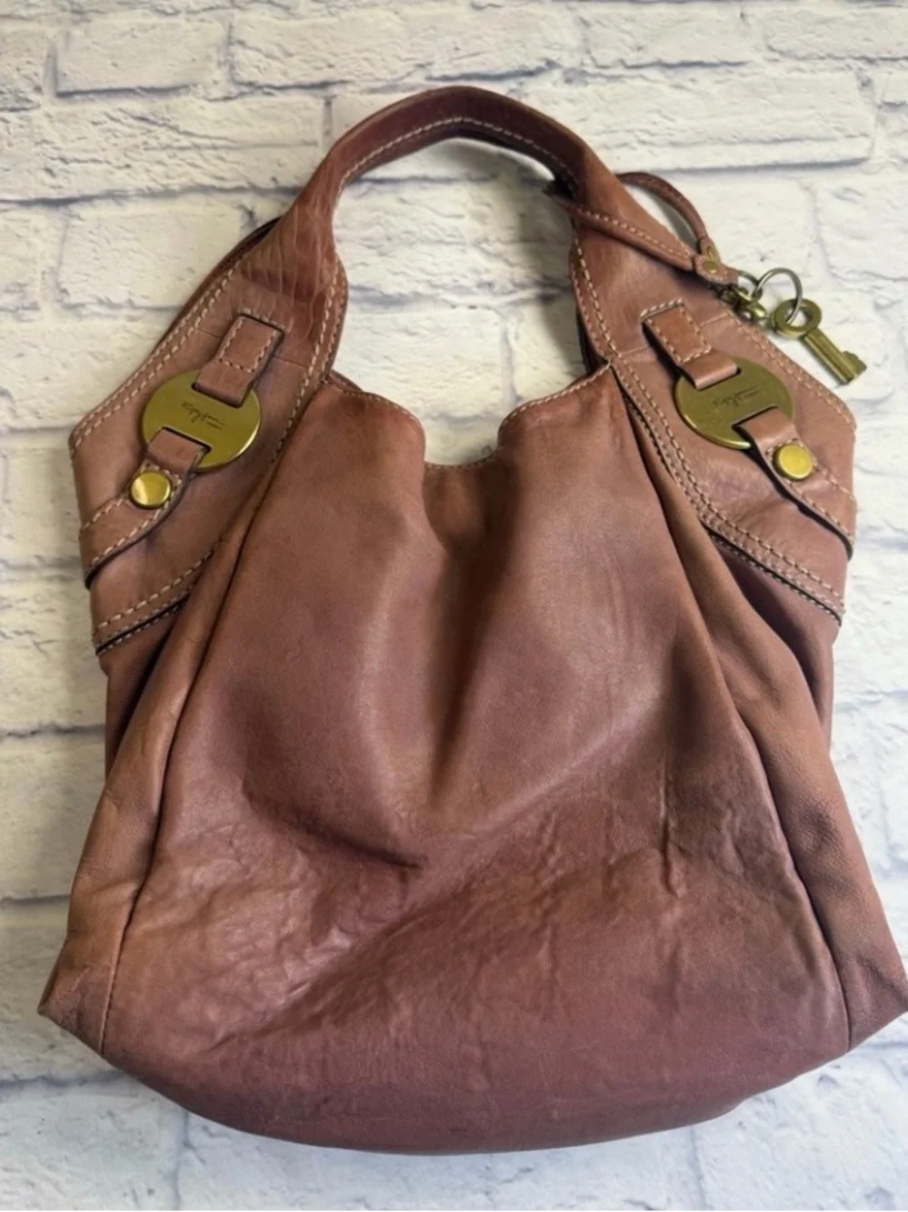 Vintage Fossil Fifty-Four “Blake”Mauve Leather Hobo Bag with Brass Key Charm